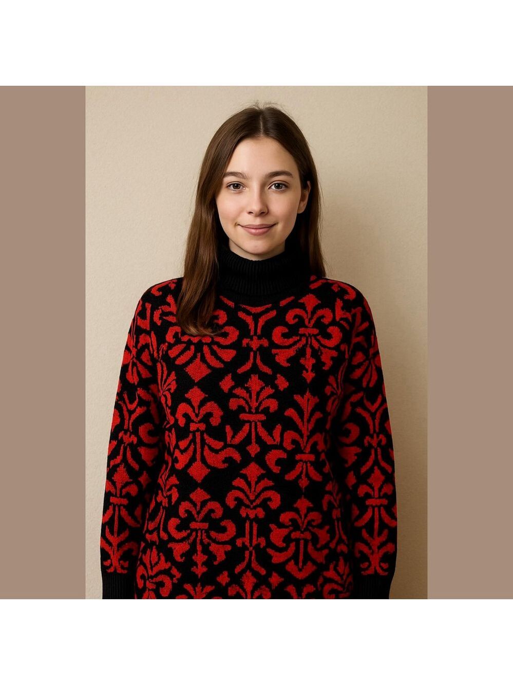 Vintage Black and Red Scrolling Floral Patterned Sweater Granny cottagecore